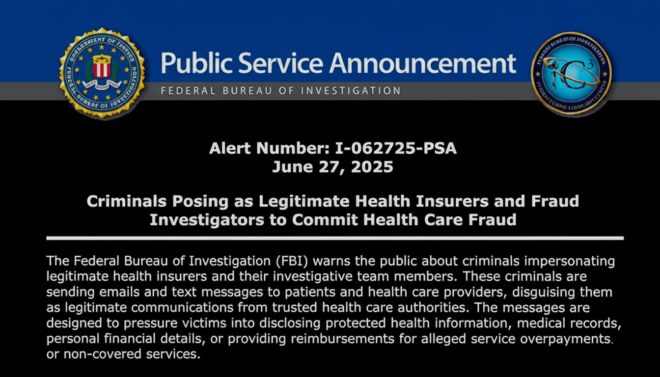A public service announcement from the Federal Bureau of Investigation (FBI) warning about criminals posing as legitimate health insurers and fraud investigators to commit healthcare fraud. The announcement is dated June 27, 2025, with alert number I-062725-PSA.