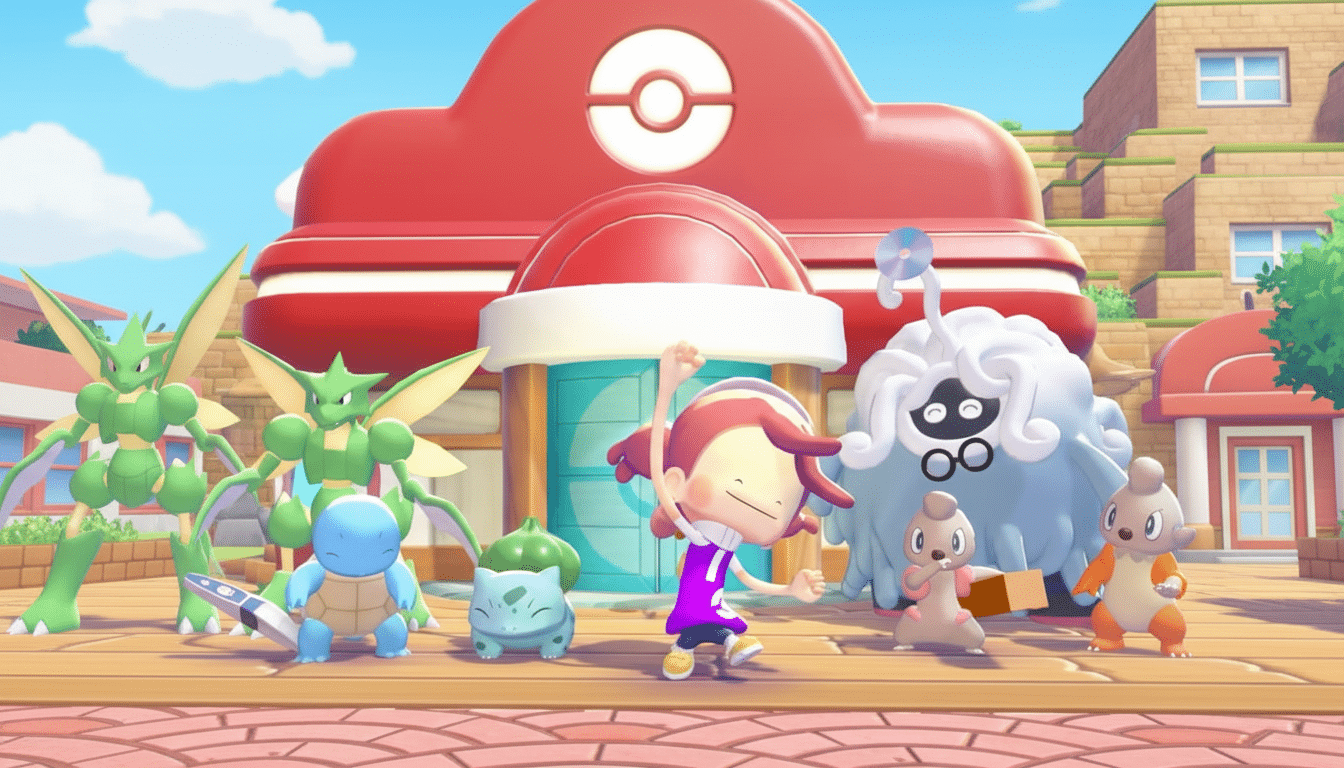 A group of Pokémon and a trainer character standing in front of a red building, resized to a 16:9 aspect ratio.