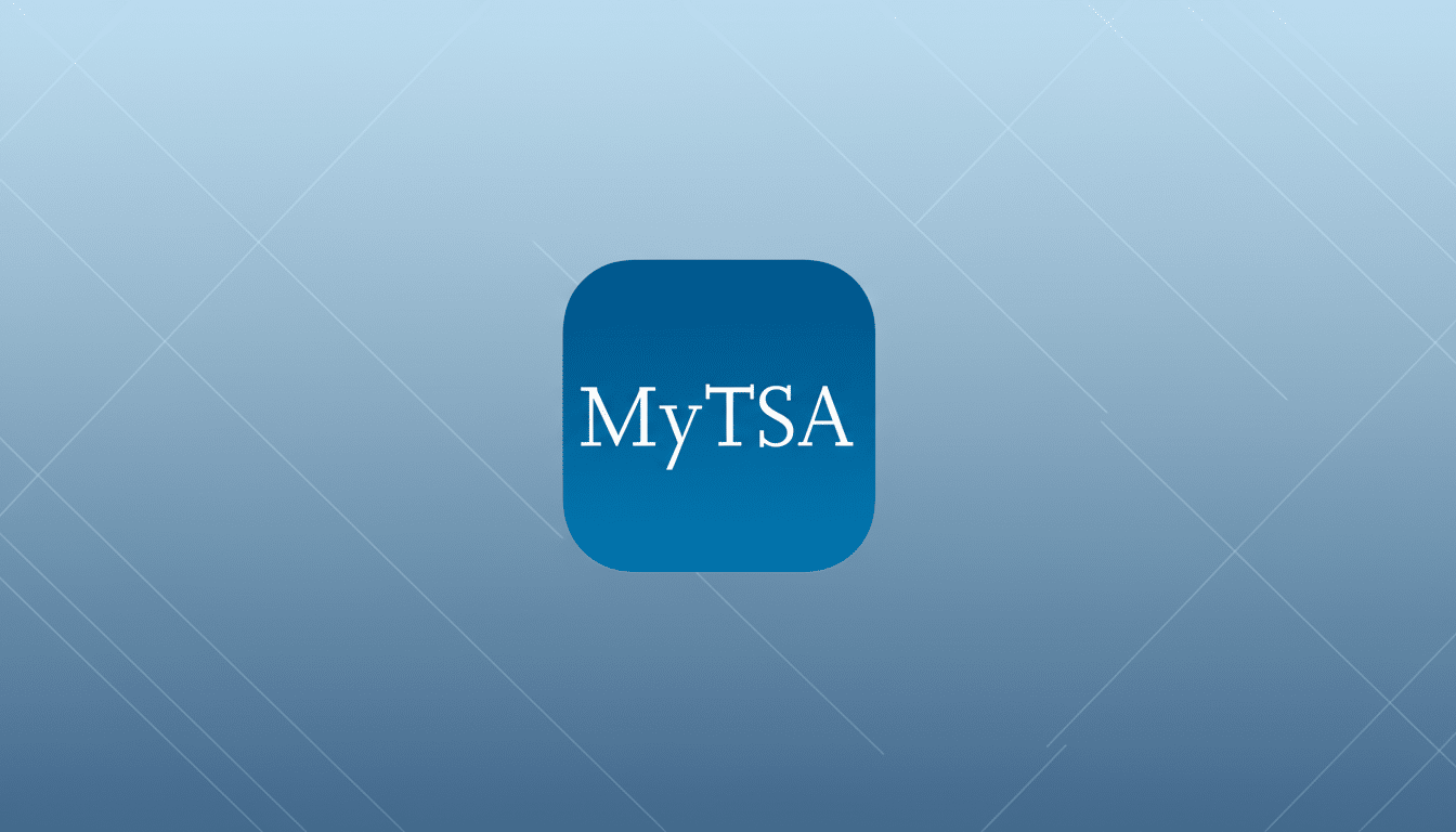 The MyTSA app icon, a blue square with rounded corners and MyTSA in white text, centered on a professional 16:9 background with a soft blue-grey gradient and subtle diagonal line patterns.