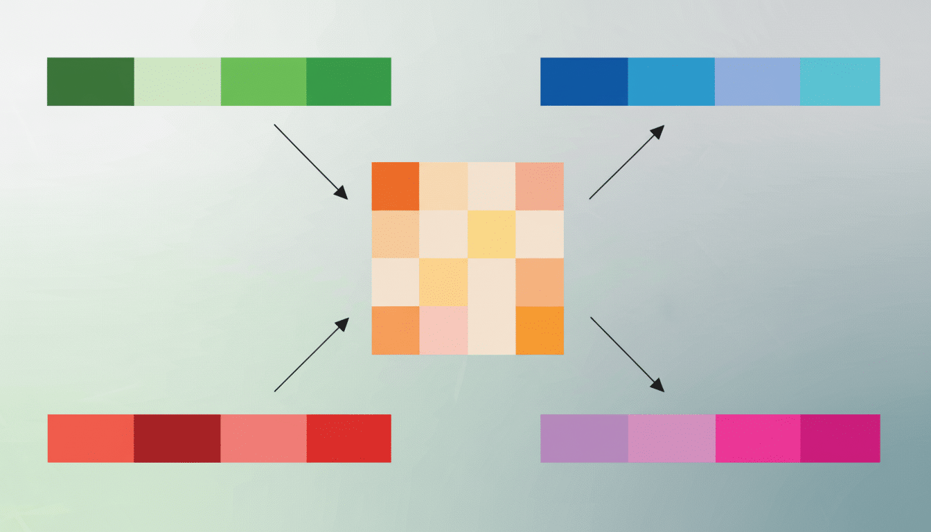 A central square grid of light orange and yellow shades, with four arrows pointing outwards to four horizontal color palettes. The top palette is shades of green, the right is shades of blue, the bottom is shades of red, and the left is shades of purple and pink. The background is a subtle light gray-green gradient.