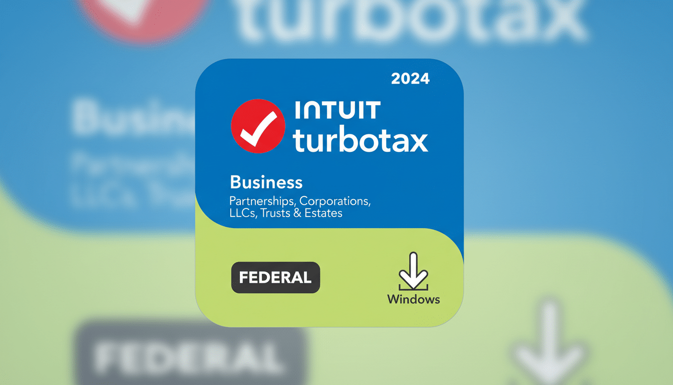 A 16:9 aspect ratio image of the Intuit TurboTax Business 2024 software icon, featuring a blue and green design with a red checkmark logo, set against a blurred background of the same icon.