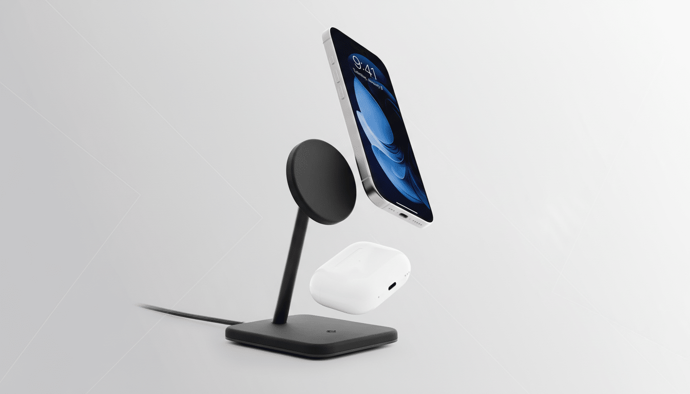 A black wireless charging stand with a silver iPhone magnetically attached and a white AirPods case floating beside it, set against a professional light gray background with subtle geometric patterns.