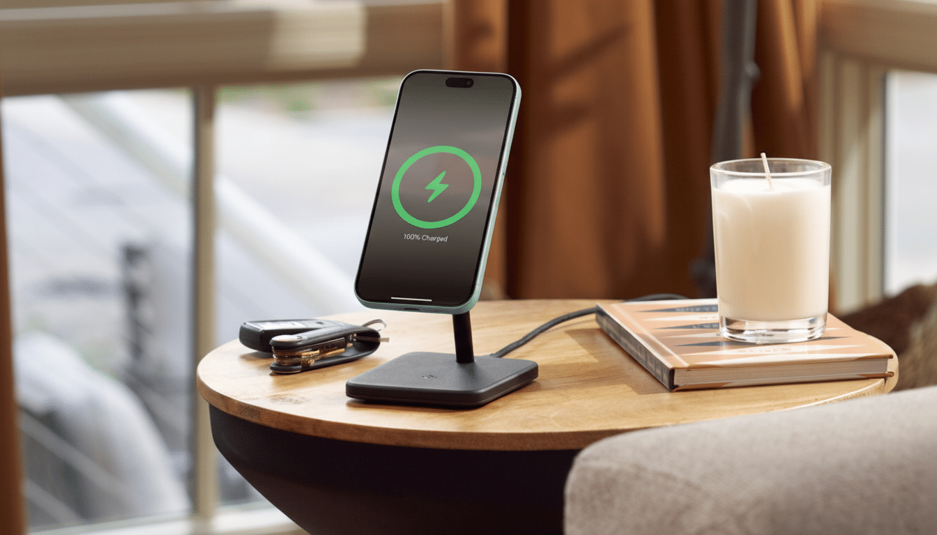 A smartphone charging on a stand next to a candle and a book on a wooden side table.