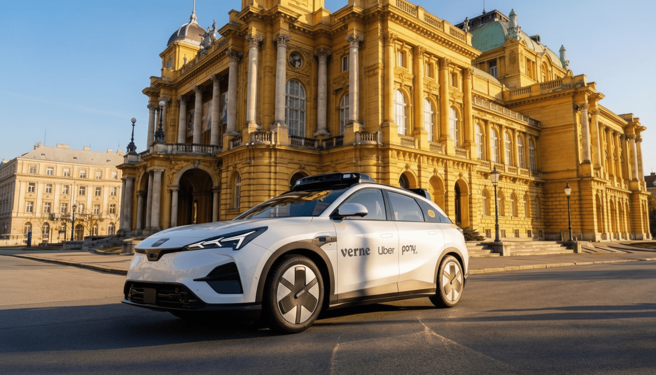 A white Verne Uber Pony autonomous vehicle parked in front of a grand, yellow classical building under a clear sky.