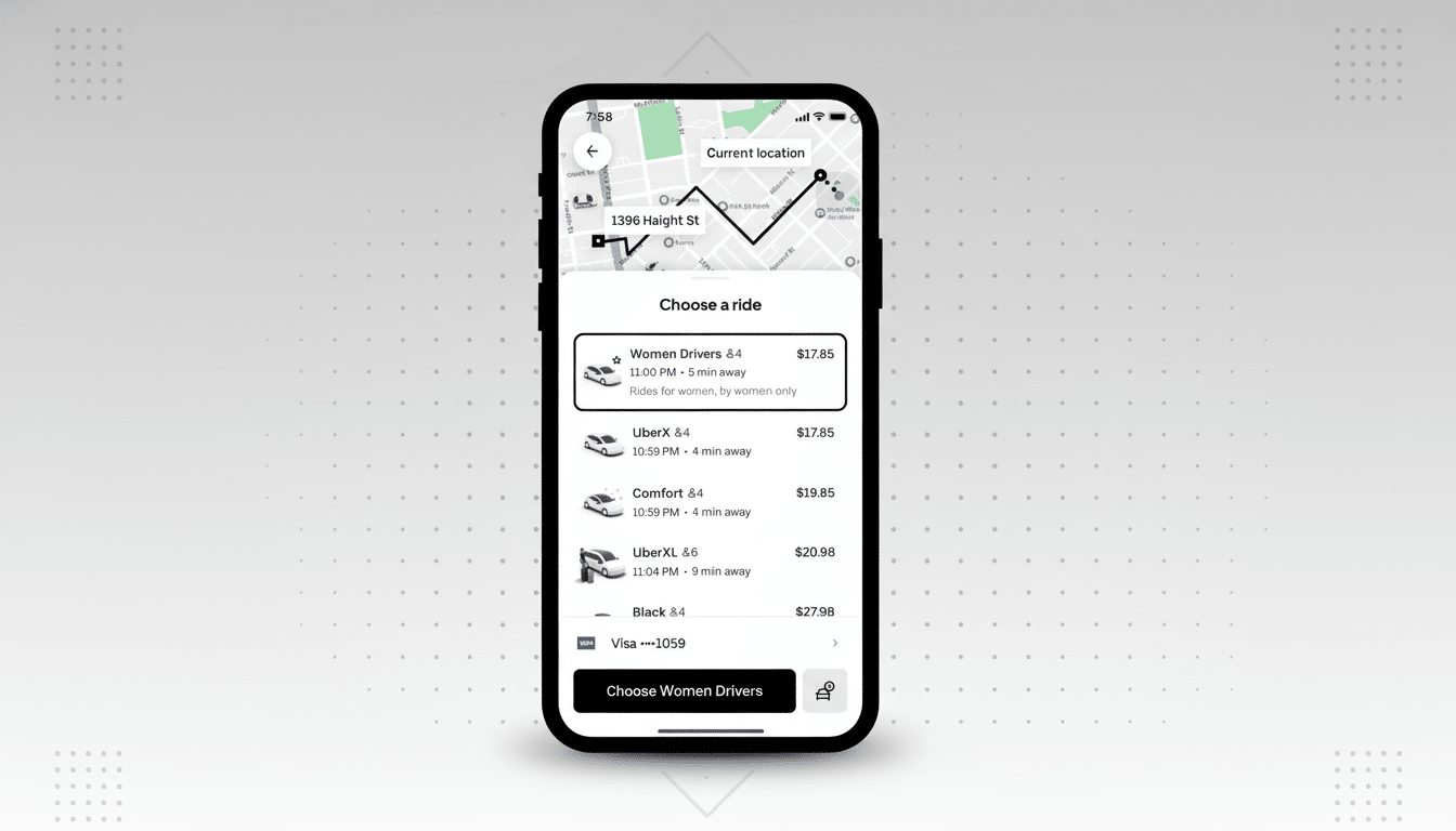 A smartphone displaying the Uber app interface, showing ride options with Women Drivers highlighted, set against a professional flat design background with soft patterns.
