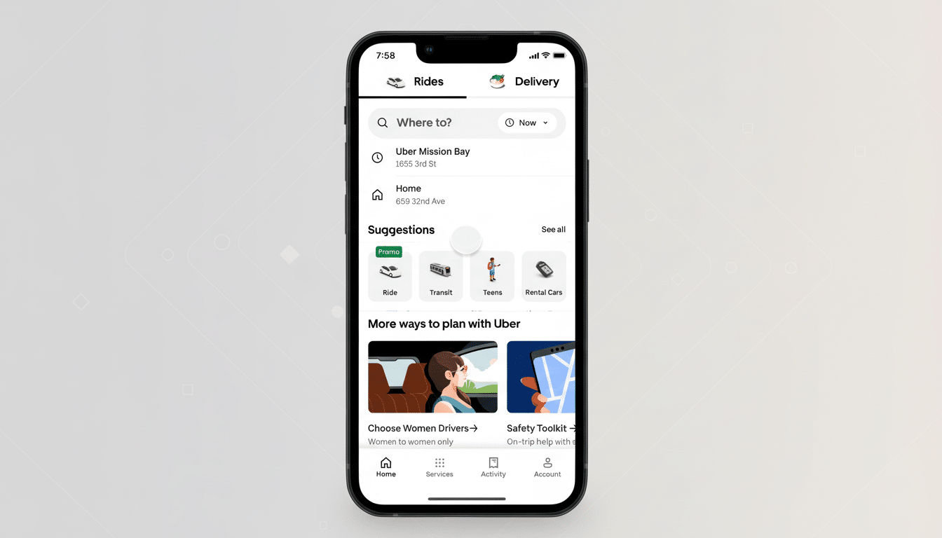 A smartphone displaying the Uber app interface, resized to a 16:9 aspect ratio with a professional flat design background featuring soft patterns.