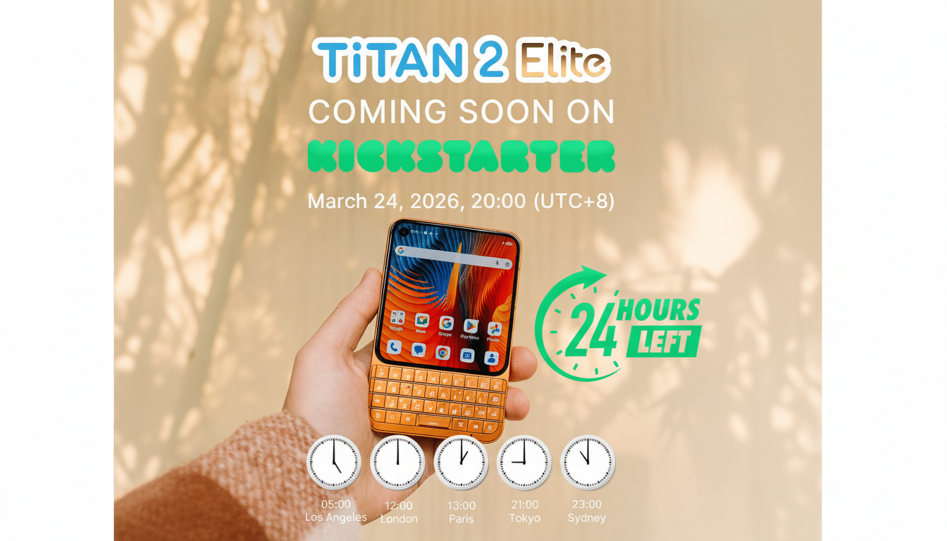 A promotional image for the Titan 2 Elite phone, showing a hand holding the device with a physical keyboard. The image is set against a light background with soft shadows, and includes text announcing COMING SOON ON KICKSTARTER March 24, 2026, 20:00 (UTC+8) and 24 HOURS LEFT. Below the phone are five clocks showing different time zones.