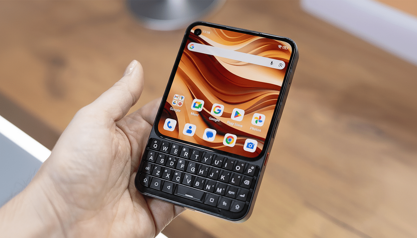 A hand holding a black smartphone with a physical QWERTY keyboard, displaying app icons and a brown-orange abstract wallpaper on its screen.