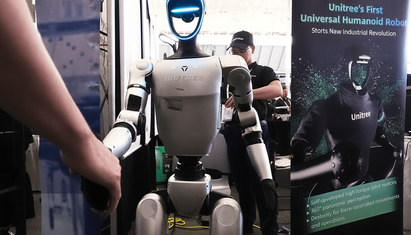 A humanoid robot with a glowing blue head and the Unitree logo on its chest stands next to a person in a black cap, with a promotional banner for Unitrees First Universal Humanoid Robot in the background.