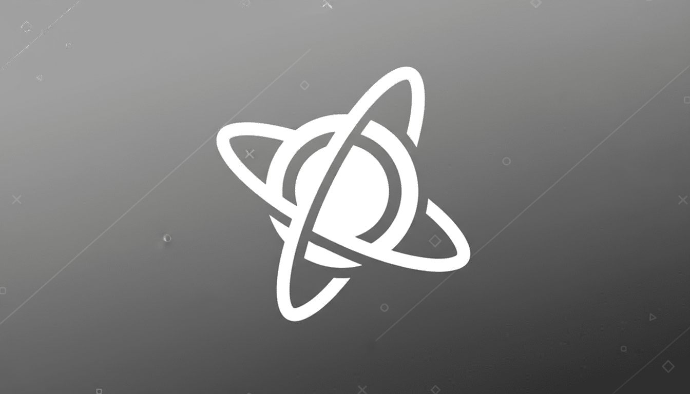 A white abstract logo resembling an atom or a stylized knot, centered on a professional gray background with subtle geometric patterns.