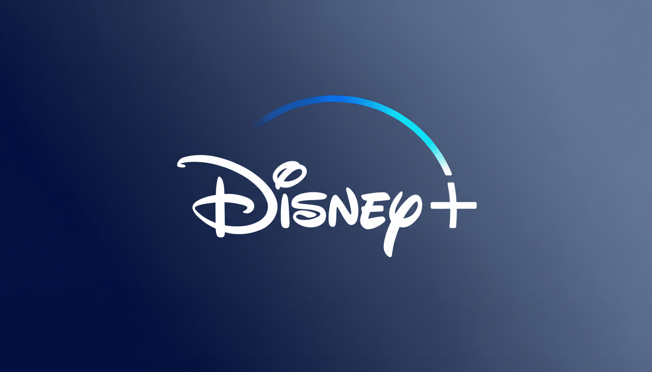 The Disney+ logo, featuring Disney in white script and a white plus sign, with a blue gradient arc above, set against a dark blue background with a subtle gradient.