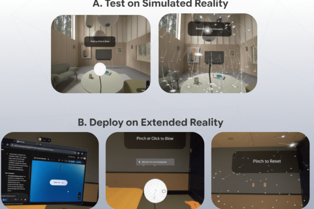 A diagram showing two sections: A. Test on Simulated Reality with two images of a virtual room, and B. Deploy on Extended Reality with three images, one showing a laptop screen and two showing virtual reality interfaces.
