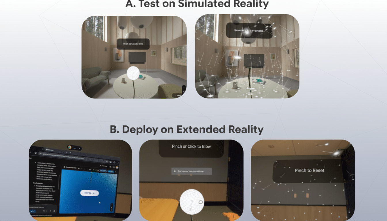 A diagram showing two sections: A. Test on Simulated Reality with two images of a virtual room, and B. Deploy on Extended Reality with three images, one showing a laptop screen and two showing virtual reality interfaces.