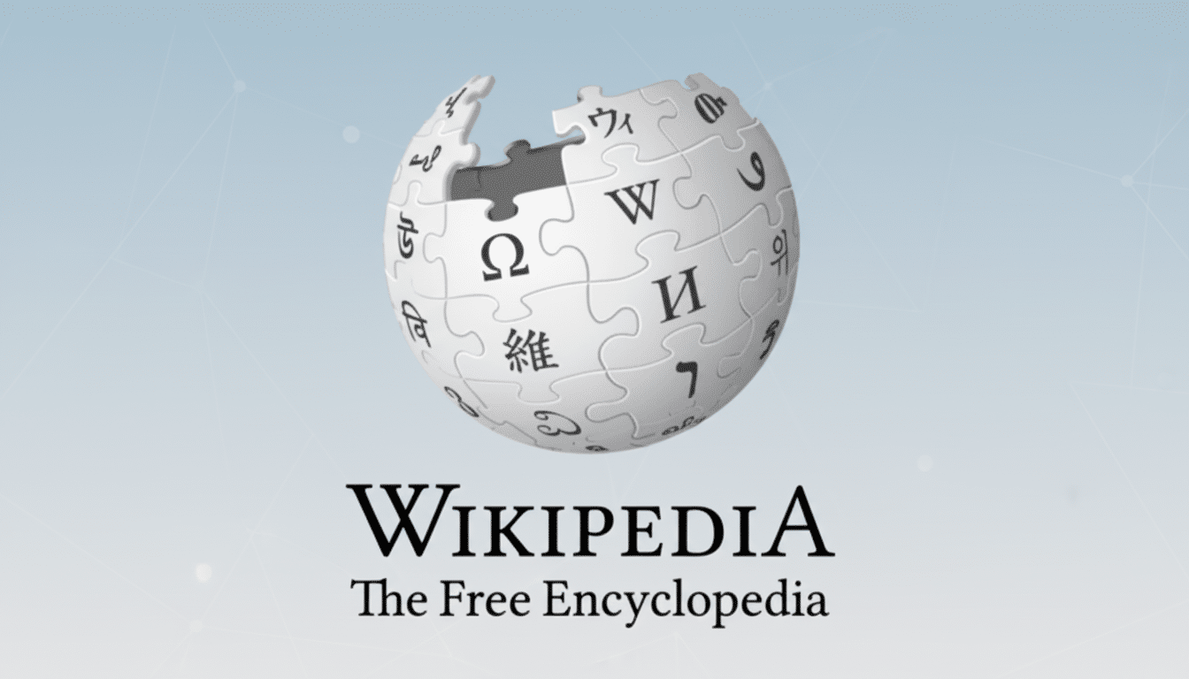 The Wikipedia logo, a globe made of puzzle pieces with various characters, above the word Wikipedia and the tagline The Free Encyclopedia, set against a professional flat design background with soft patterns.