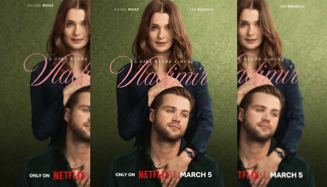 A movie poster for Vladimir featuring Rachel Weisz and Leo Woodall, resized to a 16:9 aspect ratio.