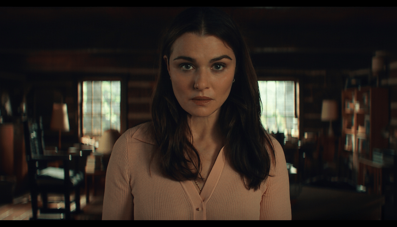A woman with dark hair and a serious expression looks directly at the viewer, wearing a light pink collared shirt. She is in a dimly lit room with wooden walls and windows in the background.