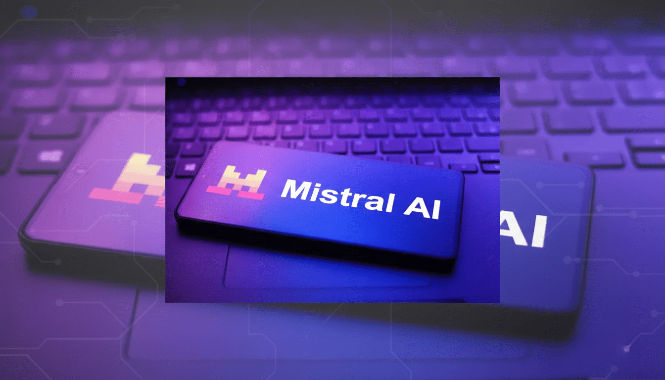 A smartphone displaying the Mistral AI logo and text, placed on a laptop keyboard, with a professional flat design background featuring soft patterns and gradients.