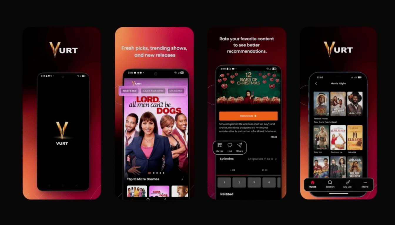 A 16:9 aspect ratio image showcasing four mobile phone screens displaying the VURT app interface. The first screen shows the VURT logo on a dark background. The second screen displays a movie poster with people and text LORD all men cant be DOGS. The third screen shows a movie detail page with 12 BABES OF CHRISTMAS and episode information. The fourth screen shows a Movie Night section with various movie thumbnails.