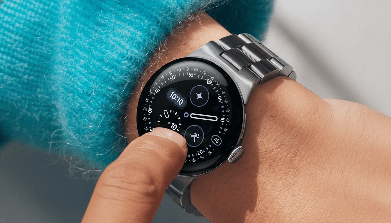 A close-up of a persons wrist wearing a silver smartwatch with a black face, displaying various icons and numbers. The persons finger is touching the screen.