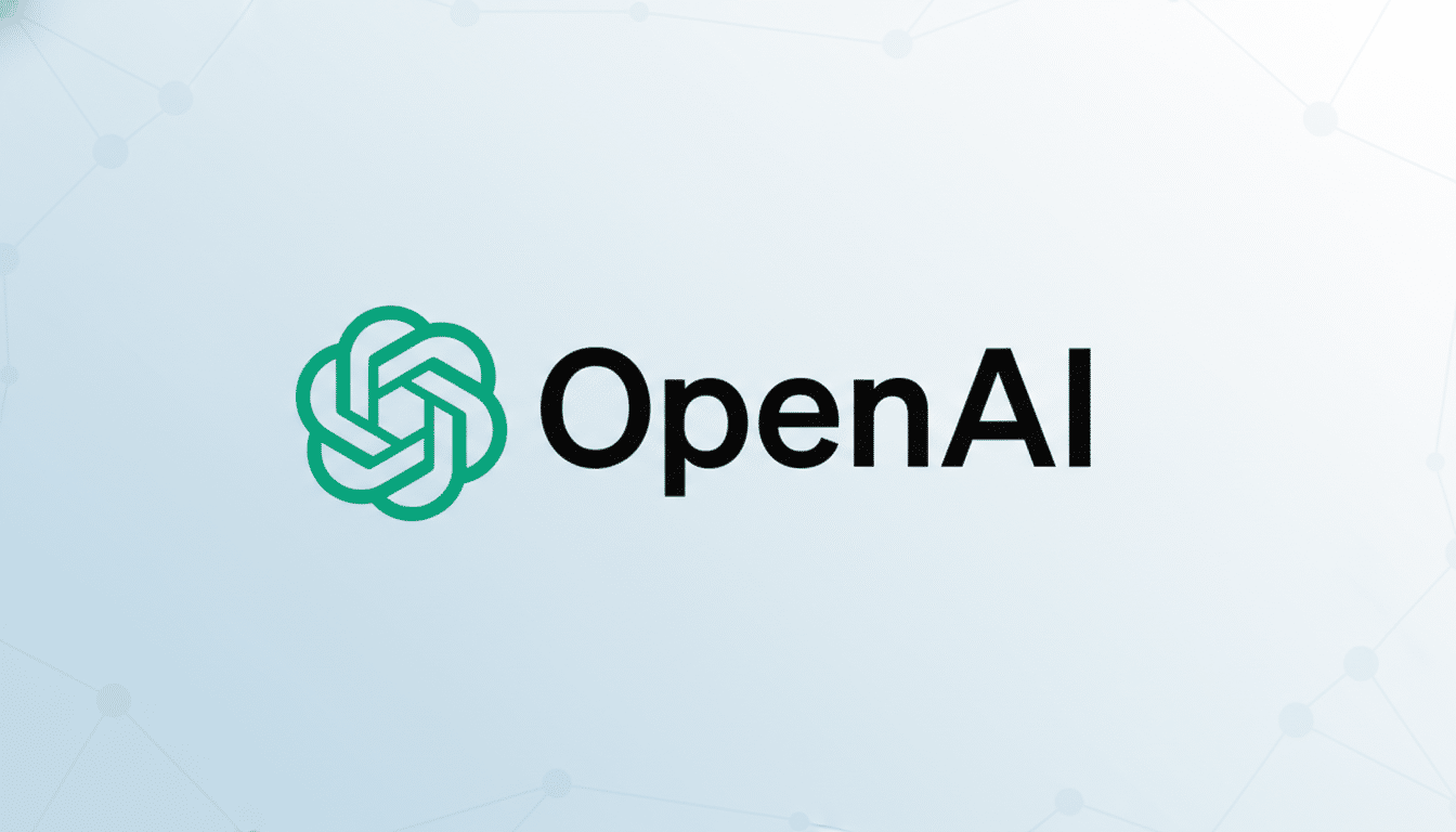 The OpenAI logo, featuring a green stylized knot icon to the left of the black text OpenAI, set against a professional light blue gradient background with subtle geometric patterns.