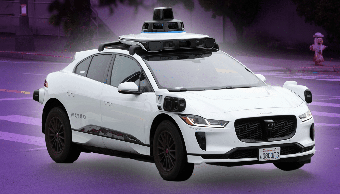 A white Waymo self-driving car, a Jaguar I-PACE, is shown from a slightly elevated front-side angle, parked on a street with a blurred background of trees and a fire hydrant.