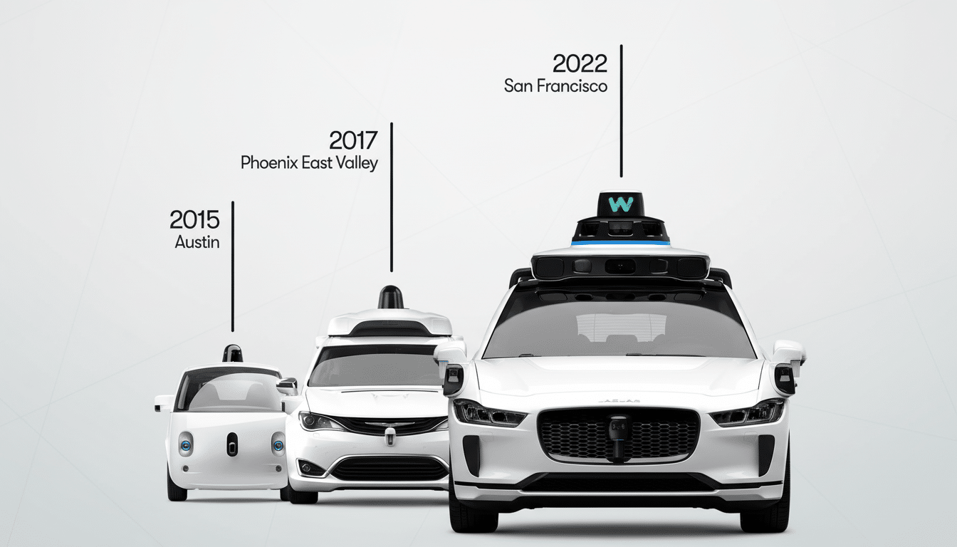 A timeline showing the evolution of Waymos self-driving cars, from 2015 in Austin to 2022 in San Francisco, with three white autonomous vehicles of increasing size and technological complexity.