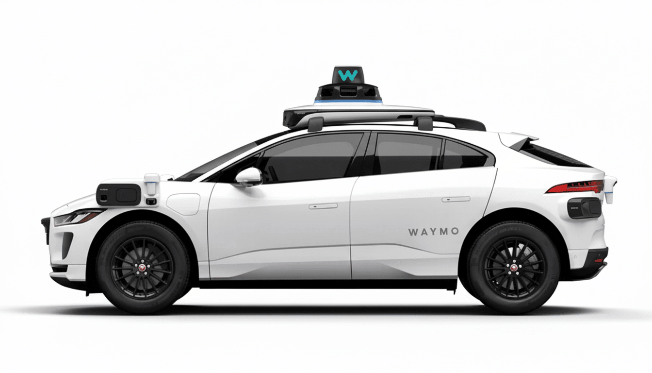 A white Waymo self-driving car, a Jaguar I-PACE, is shown in a side profile against a clean white background. The car features various sensors and cameras, with the Waymo logo visible on the roof-mounted sensor array and on the side of the vehicle.