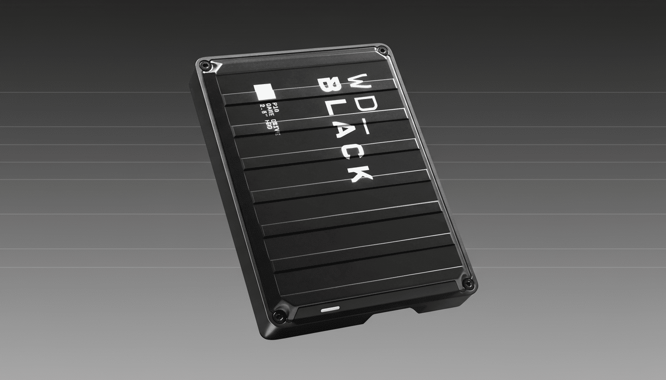 A black WD Black P10 Game Drive external hard drive, angled slightly, against a professional flat gray background with subtle horizontal lines.