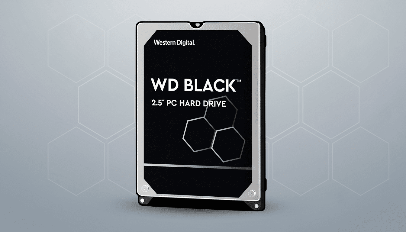 A Western Digital WD Black 2.5 PC Hard Drive is presented on a professional flat gray background with subtle hexagonal patterns.