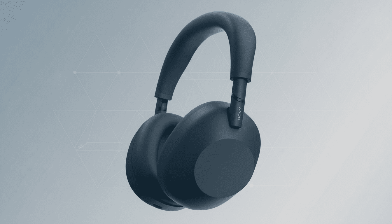 A pair of dark blue Sony headphones with gold lettering on the side, presented on a professional flat design background with subtle geometric patterns and a soft gradient.
