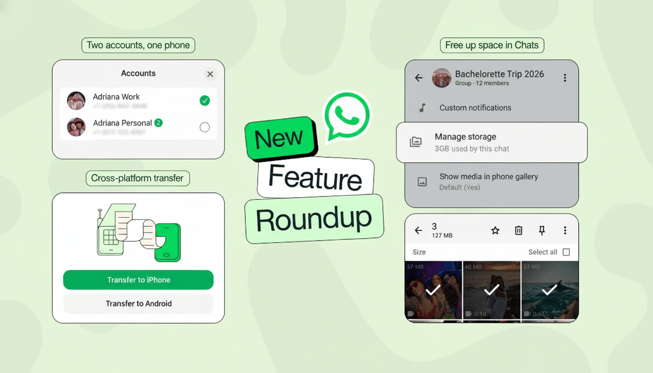 A professional, enhanced image showcasing new WhatsApp features, including Two accounts, one phone, Free up space in Chats, and Cross-platform transfer, presented on a clean, light green background with soft patterns.