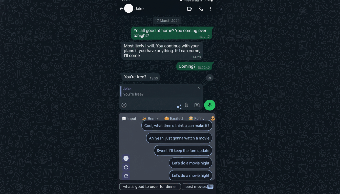 A screenshot of a WhatsApp chat with messages between two people, Jake and another user, discussing plans for the evening.