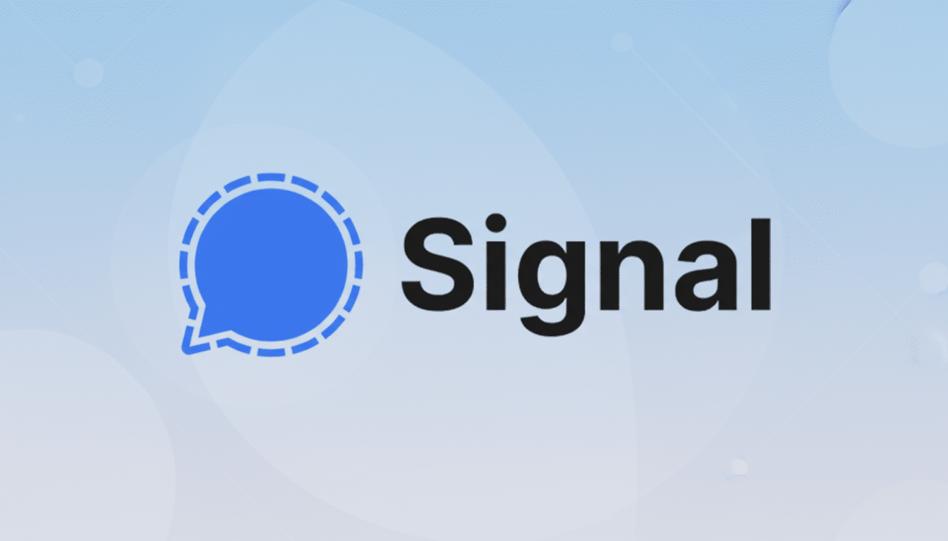 The Signal app logo and name on a professional flat design background with soft patterns and gradients.