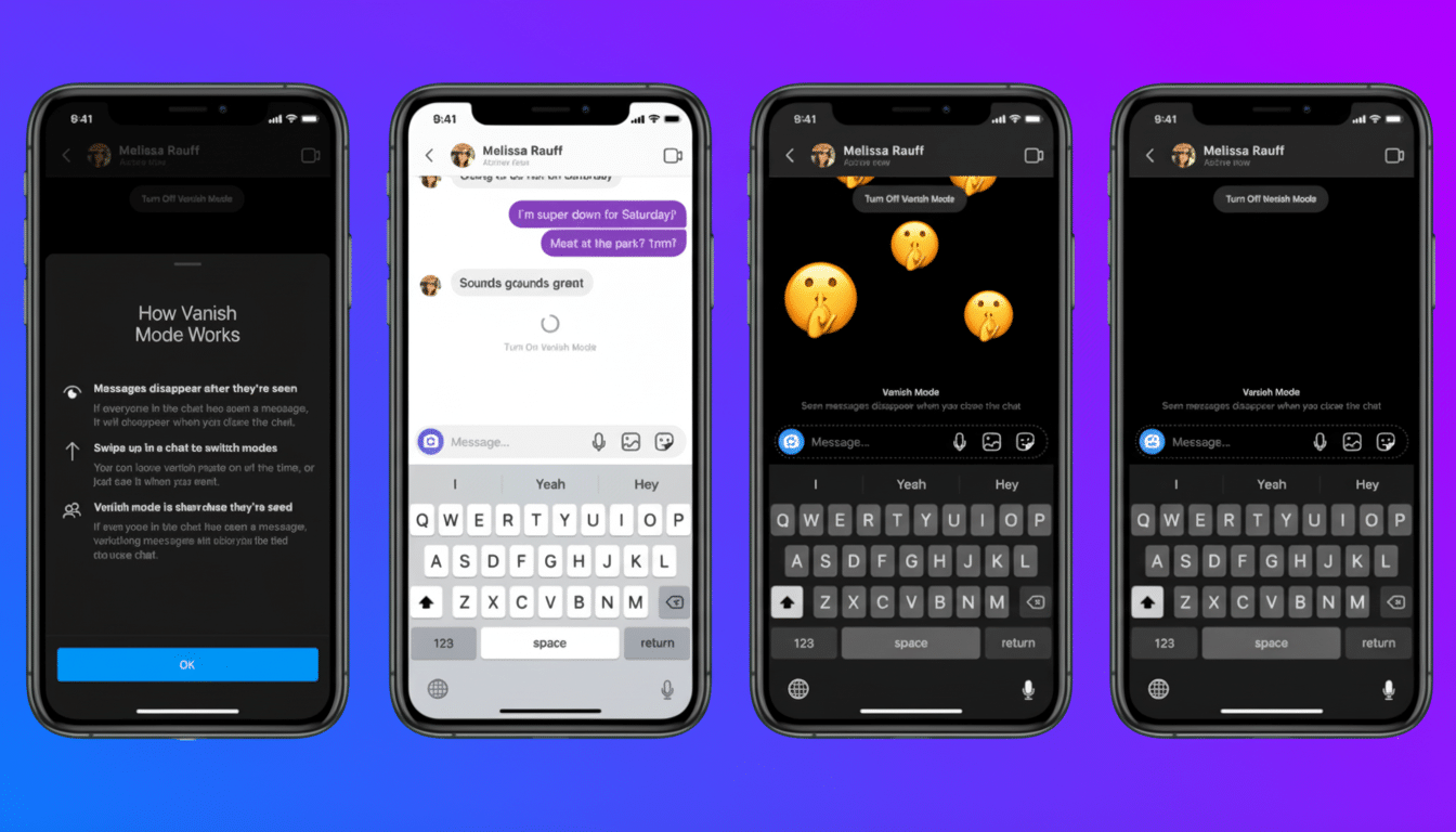 Four iPhones displaying Instagrams Vanish Mode feature. The first shows an explanation of Vanish Mode, the second shows a regular chat, the third shows a chat in Vanish Mode with disappearing emojis, and the fourth shows a chat in Vanish Mode with disappearing text.