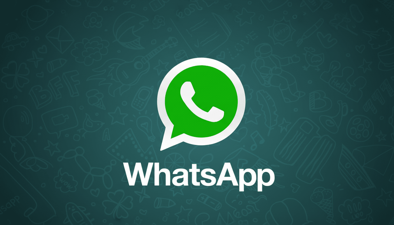 The WhatsApp logo and name are centered on a dark teal background with subtle, hand-drawn chat-related icons.