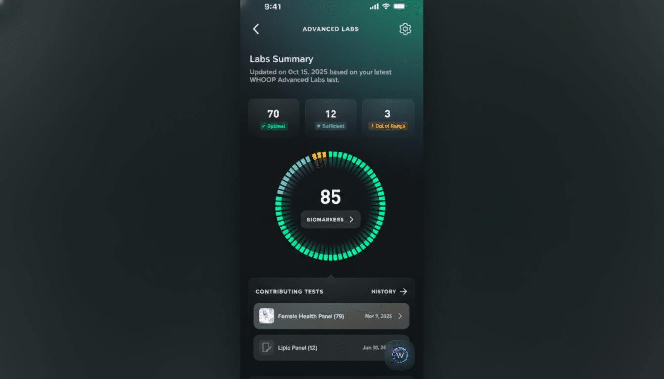 A mobile app screen displaying a Labs Summary with biomarker data, showing 70 optimal, 12 sufficient, and 3 out of range, centered around a large ring indicating 85 biomarkers.