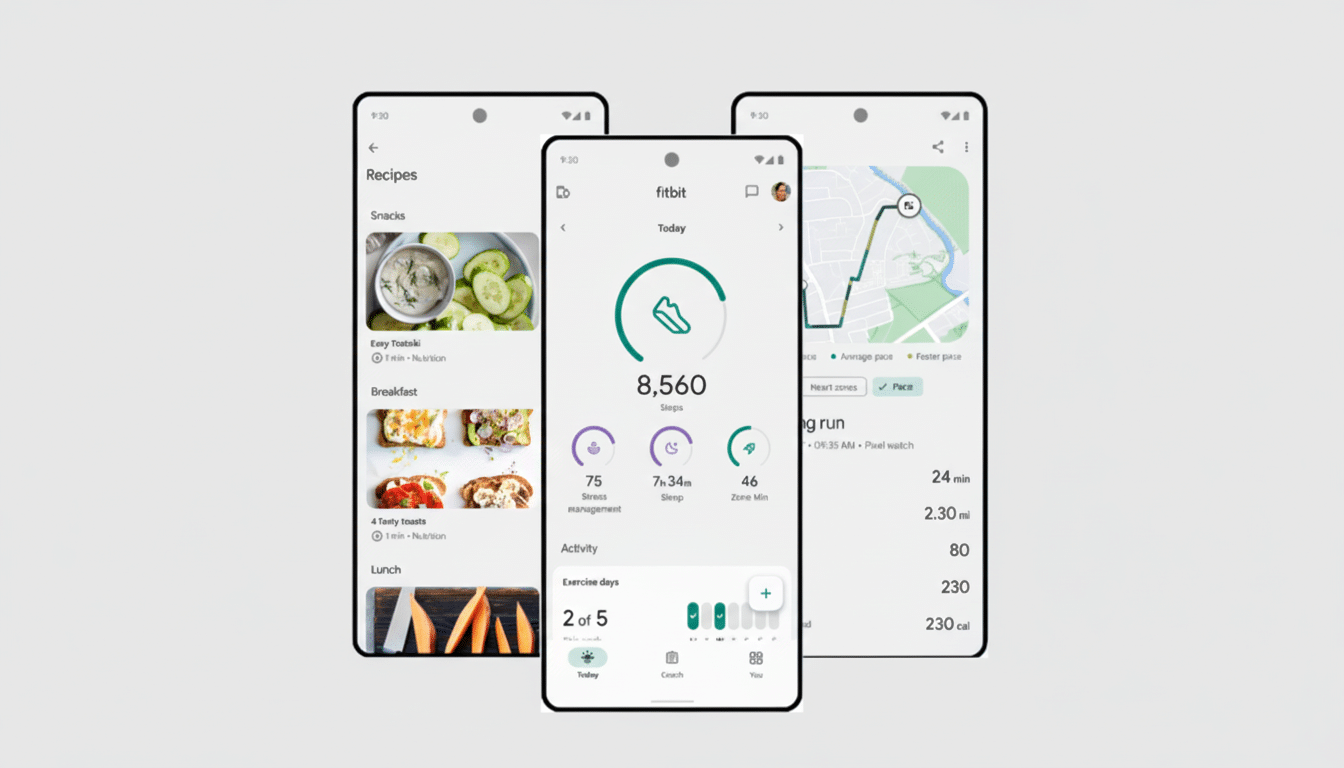 Three mobile phones displaying different health and fitness app interfaces. The leftmost phone shows a recipe app, the middle phone displays a Fitbit dashboard with step count and activity tracking, and the rightmost phone shows a running map and workout summary. The background is a professional flat design with a soft gray gradient.