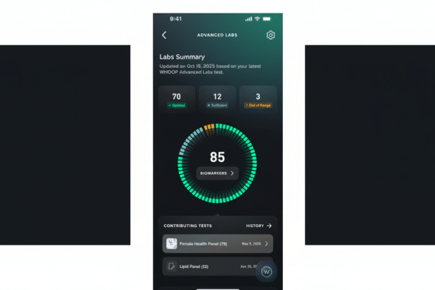 A mobile app screen displaying a Labs Summary with biomarker data, showing 85 biomarkers, 70 optimal, 12 sufficient, and 3 out of range.
