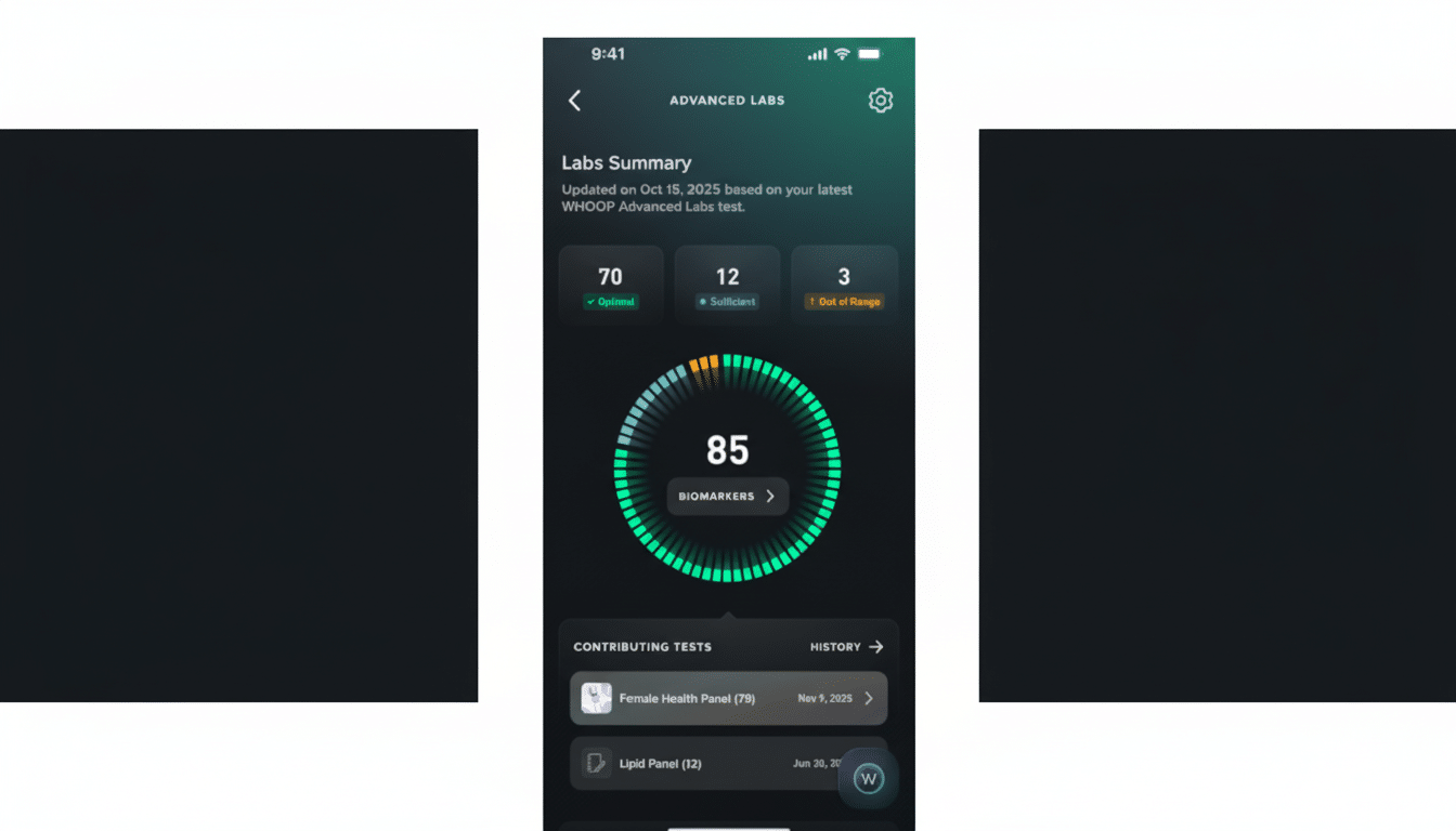A mobile app screen displaying a Labs Summary with biomarker data, showing 85 biomarkers, 70 optimal, 12 sufficient, and 3 out of range.
