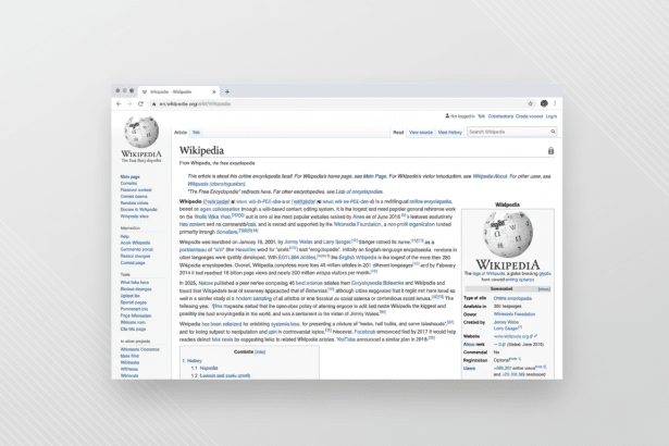 A screenshot of the Wikipedia homepage, resized to a 16:9 aspect ratio, with a professional flat gray background.