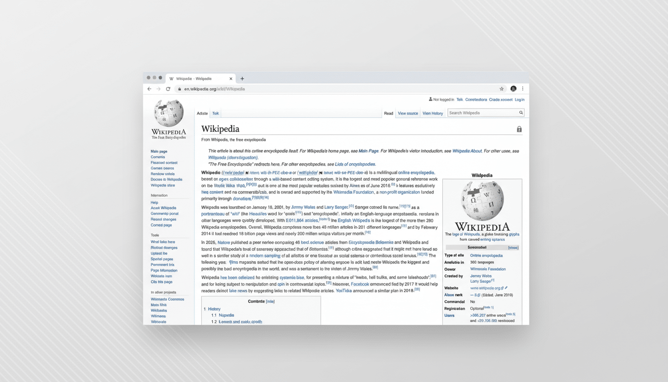 A screenshot of the Wikipedia homepage, resized to a 16:9 aspect ratio, with a professional flat gray background.