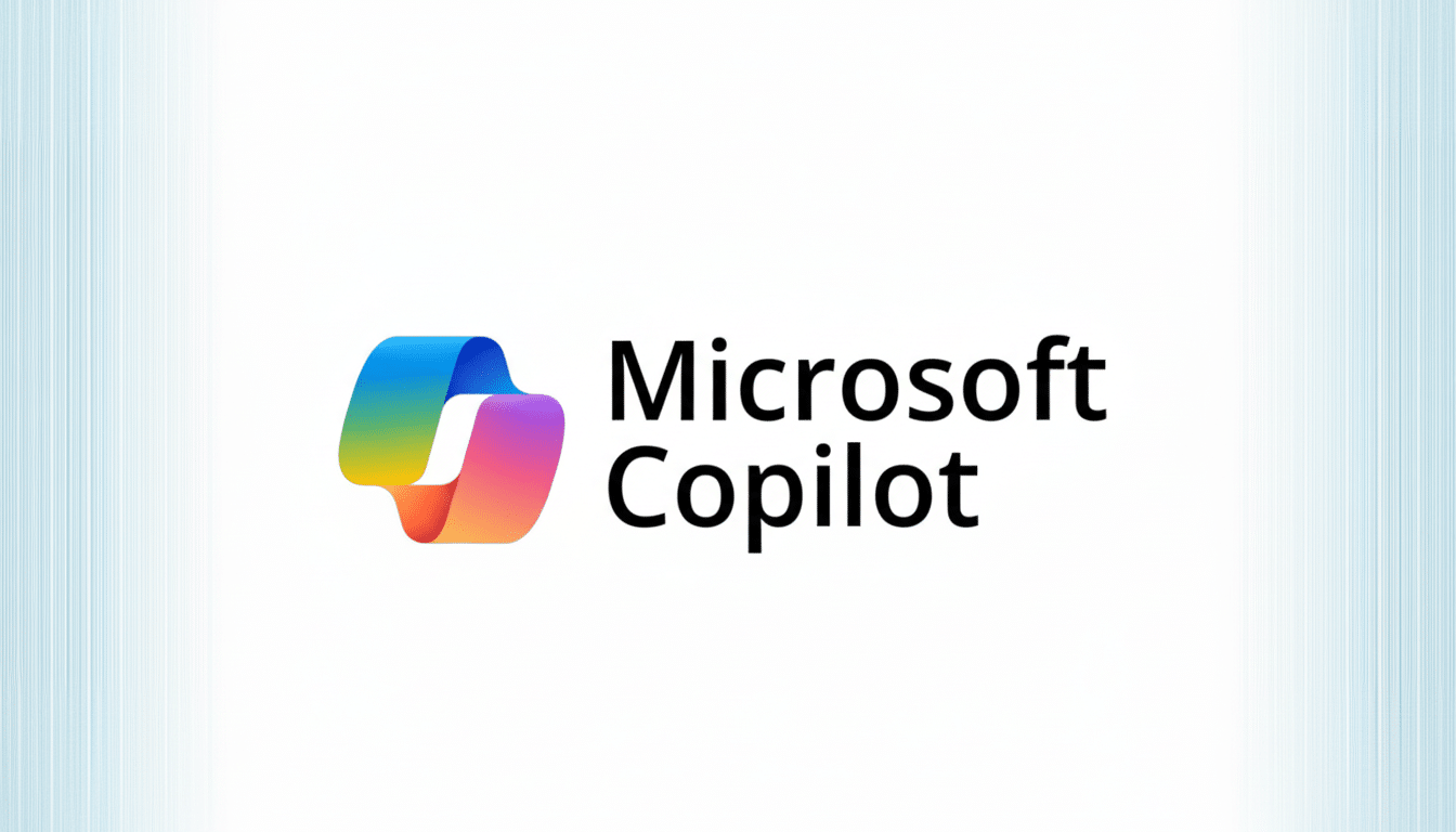 The Microsoft Copilot logo, featuring a colorful, flowing ribbon design in blue, green, yellow, orange, and pink, next to the words Microsoft Copilot in black text, all set against a white background with subtle vertical blue lines on the sides.