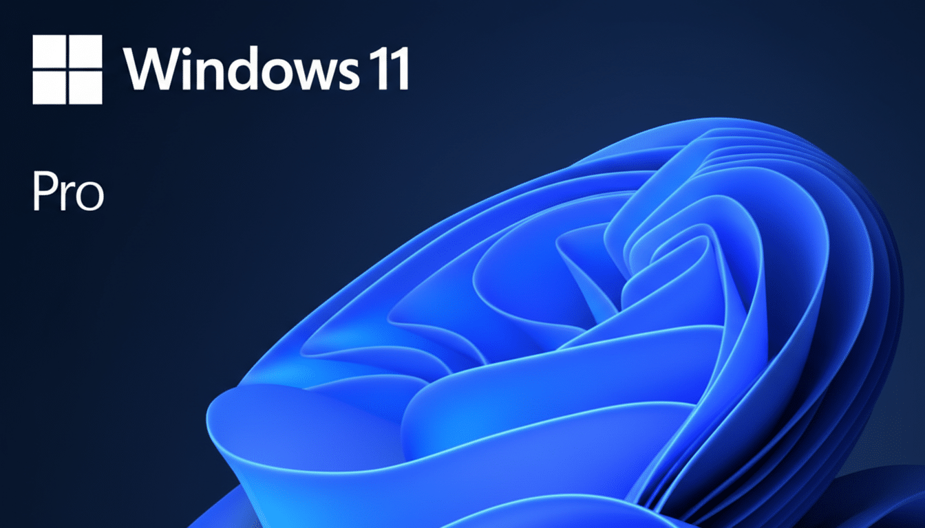 The Windows 11 Pro logo and text on a dark blue background with a stylized blue wave design.