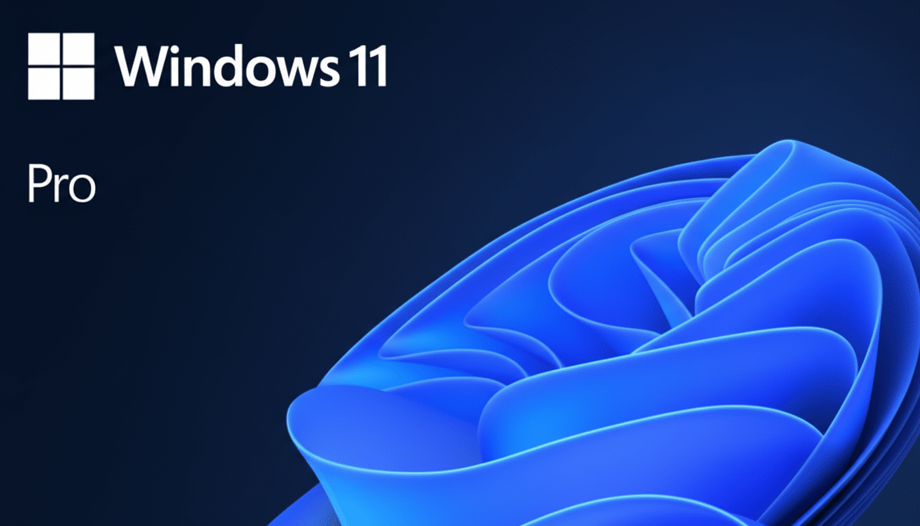 The Windows 11 Pro logo and text are displayed on a dark blue background with a stylized blue and light blue abstract design in the lower right corner.