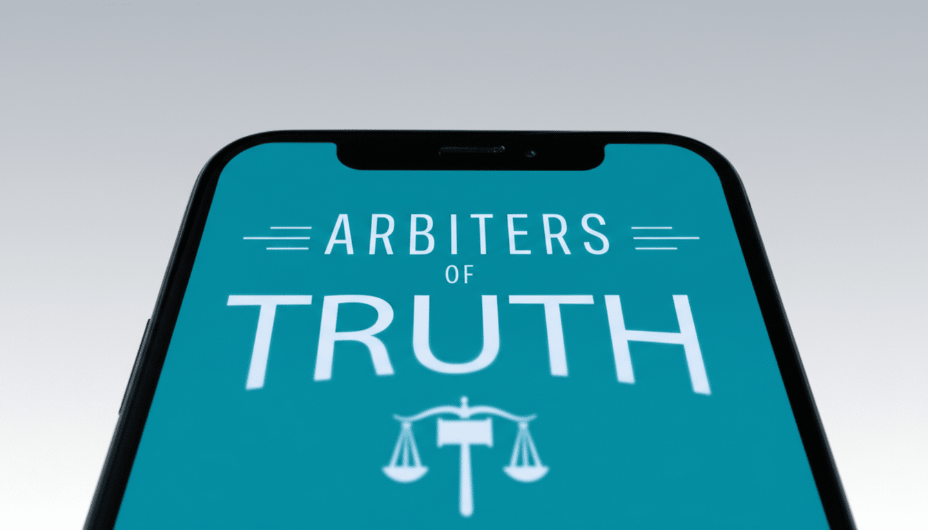 A smartphone displaying the words ARBITERS OF TRUTH and a scale icon on a teal screen, set against a professional, clean background.
