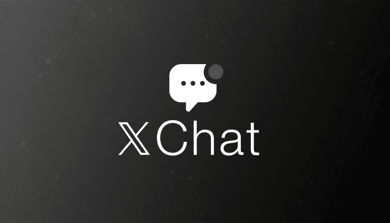 The XChat logo, featuring a white chat bubble icon with three dots and a notification circle, above the text XChat, presented on a dark gray background with subtle geometric patterns.
