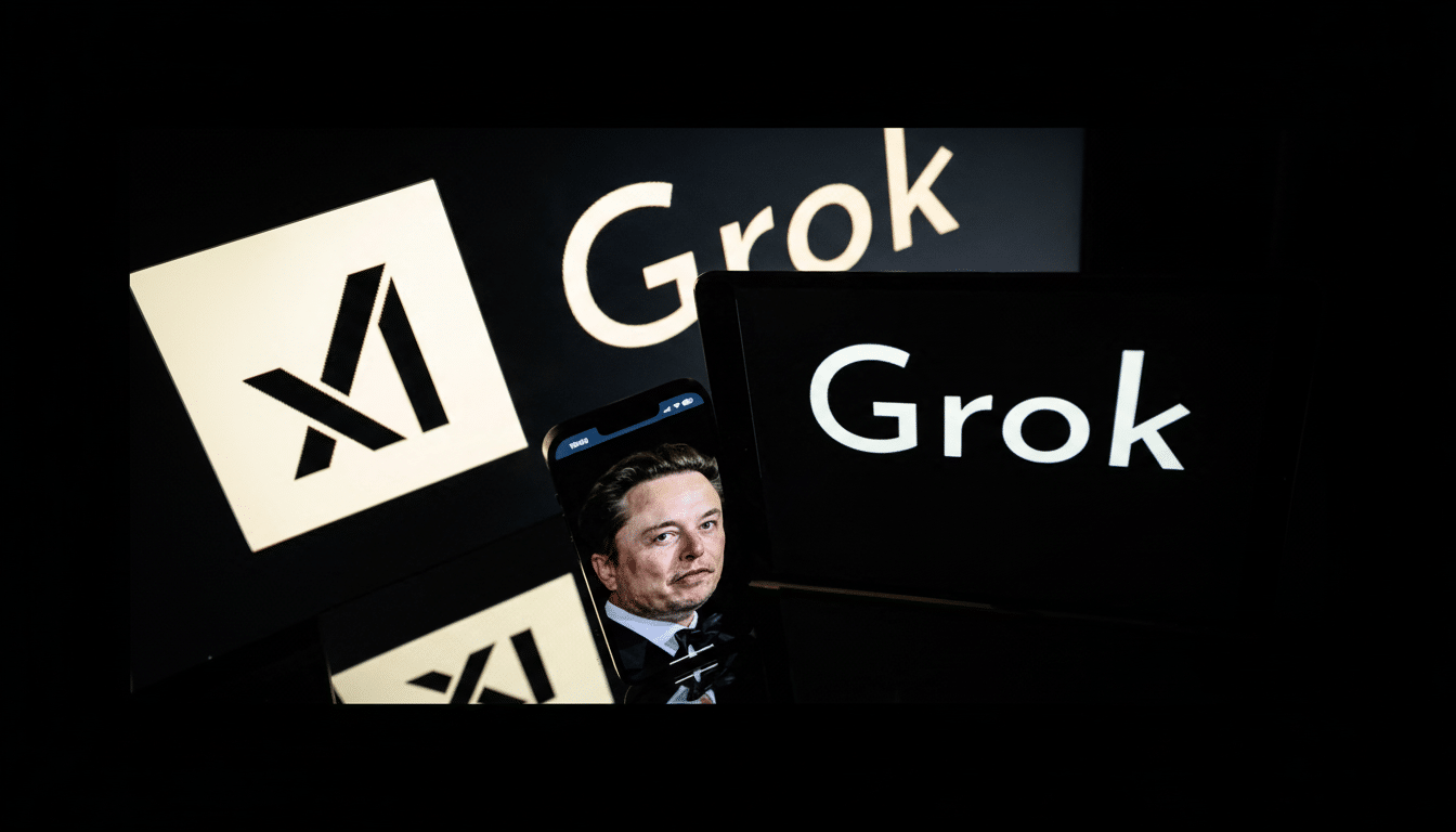 A 16:9 aspect ratio image showing a smartphone displaying Elon Musks face, positioned in front of screens with the Grok logo and the X logo, all against a dark background.