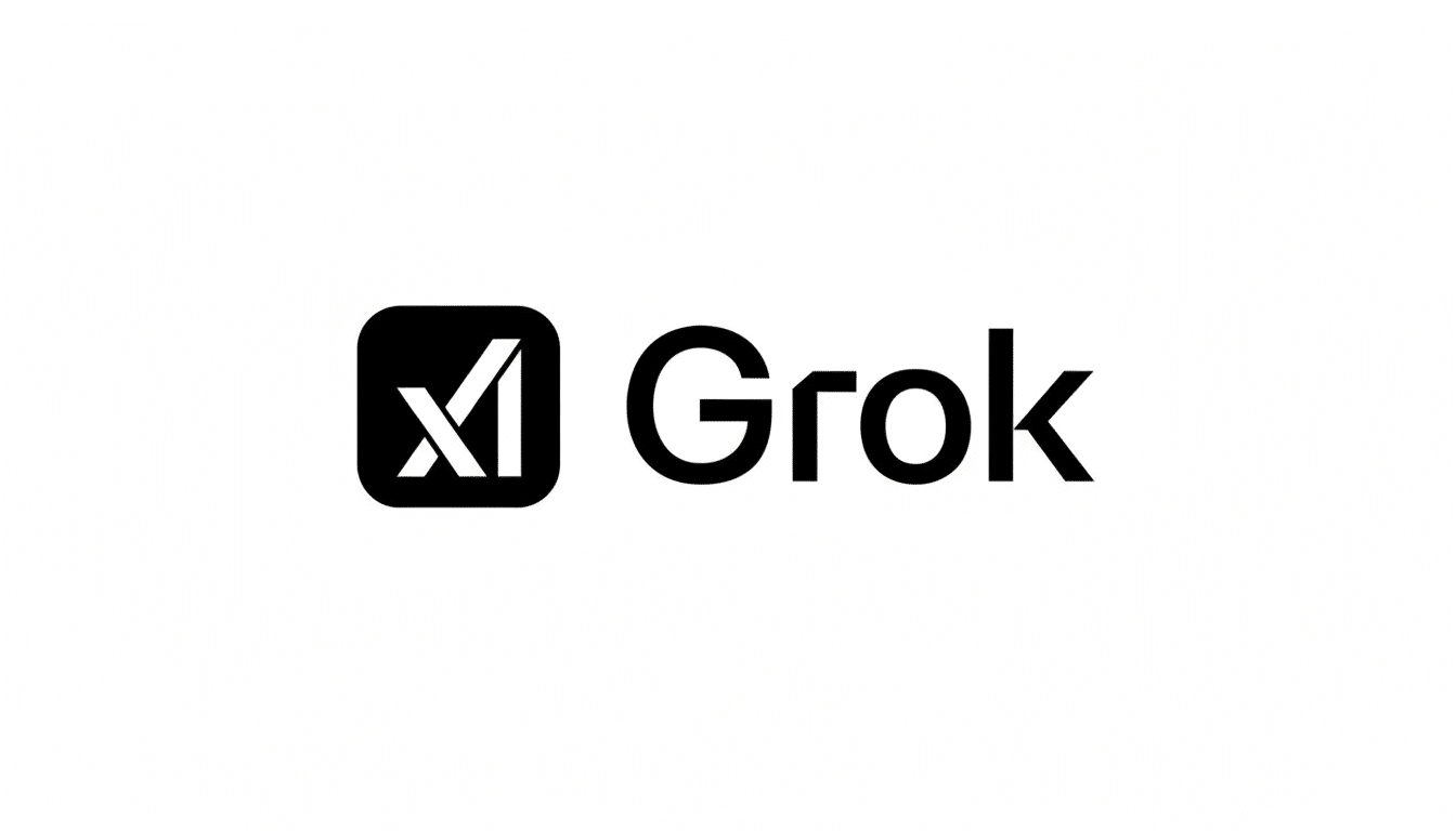 The Grok logo, featuring a stylized black X inside a rounded black square icon, followed by the word Grok in a bold, sans-serif black font, all set against a clean white background.