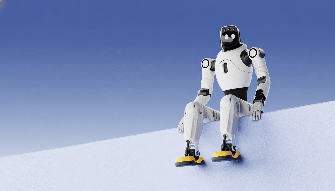 A white and black robot with yellow feet sitting on a light blue surface against a darker blue background.