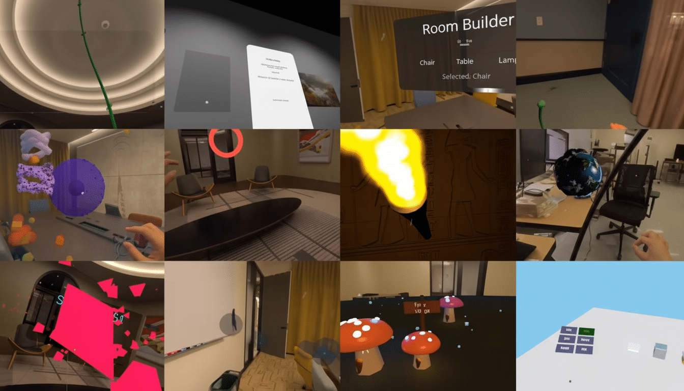 A collage of twelve different virtual reality scenes, showcasing various environments, objects, and user interfaces within a VR application.